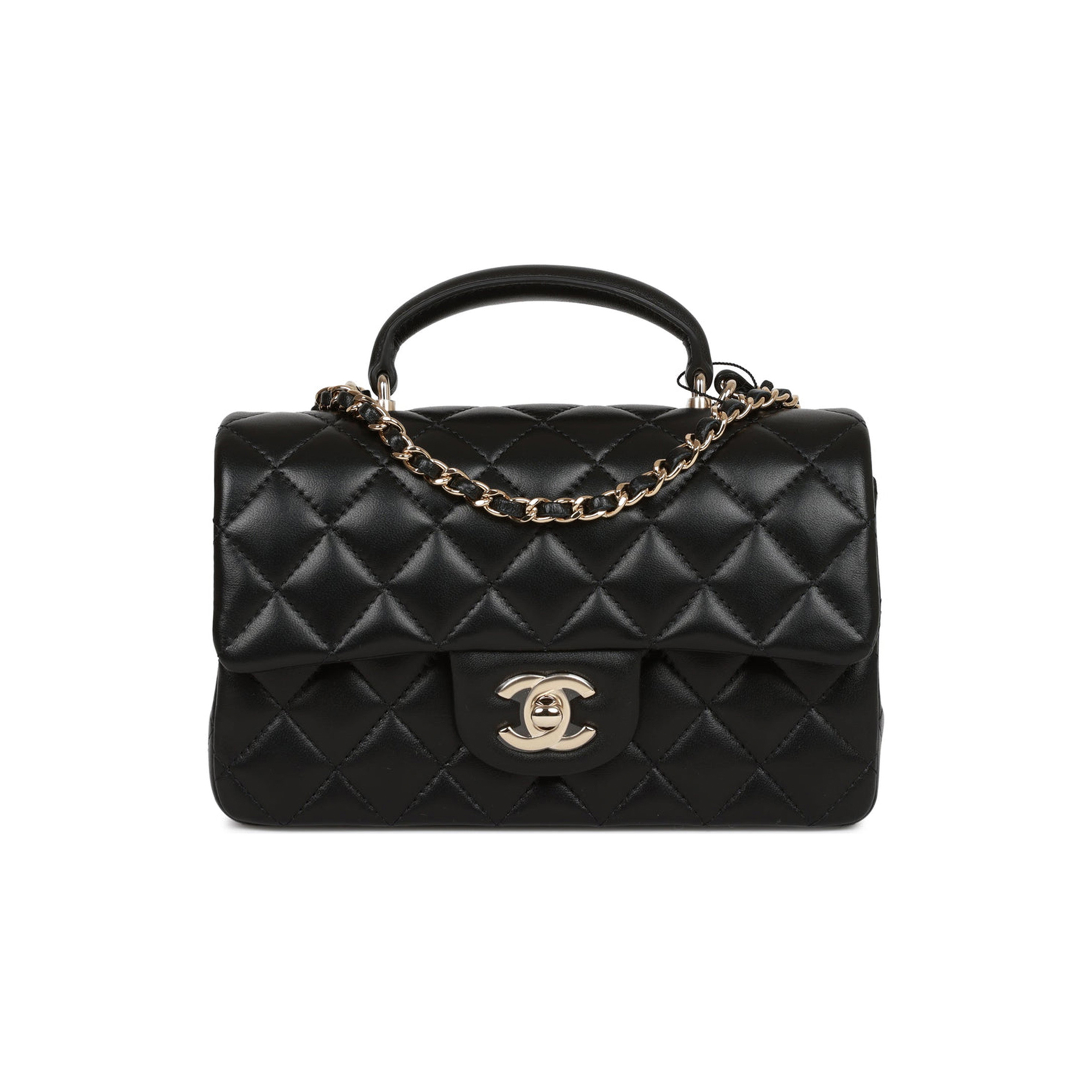 CHANEL MINI RECTANGULAR FLAP BAG WITH TOP HANDLE BLACK LAMBSKIN LIGHT GOLD HARDWARE (22*15*8cm)